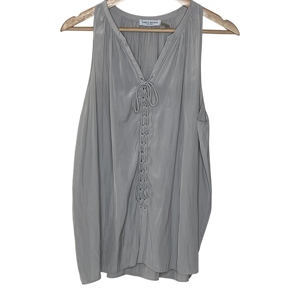 Ramy Brook Grey Lace Up Grommet Blouse Silky‎ Minimalist Top Size M